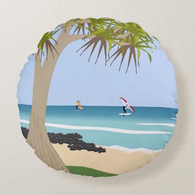 Wing Foil Surfers Pandanus Tree am Strand Rundes Kissen (Vorderseite)