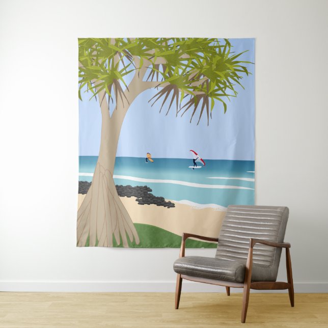 Wing Foil Surfers Pandanus Tree am Strand Wandteppich (Beispiel)