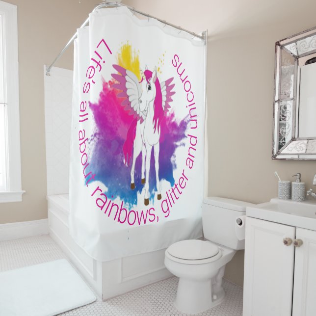 Wing Unicorn Party Wasserfarbe Thema Duschvorhang (Beispiel)