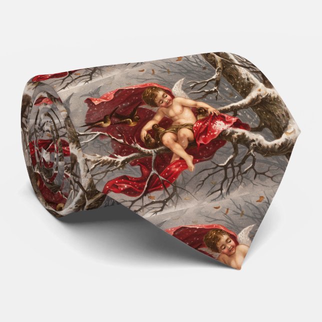 WINGED CHERUB AUF WINTERBAUM MIT BIRTEN Weihnachte Krawatte (Gerollt)