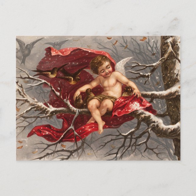 WINGED CHERUB AUF WINTERBAUM MIT BIRTEN Weihnachte Postkarte (Vorderseite)