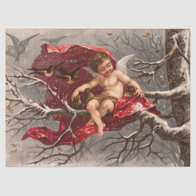 WINGED CHERUB AUF WINTERBAUM MIT BIRTEN Weihnachte Seidenpapier (Vorderseite)