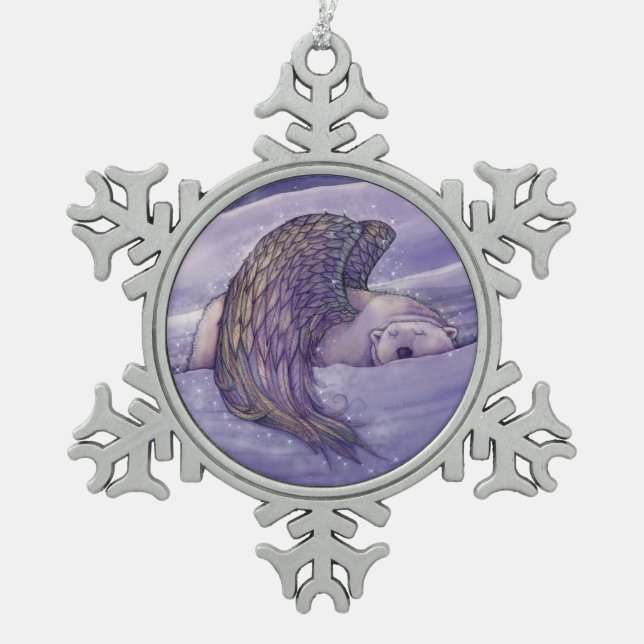Winged Polar Bear Angel Schneeflocken Zinn-Ornament (Vorderseite)