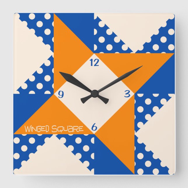 Winged Square- Blue & Orange Quadratische Wanduhr (Vorderseite)