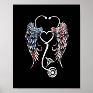 Wings Heart Nurse Stethoscope American Flag Poster