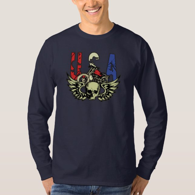 Wings klassischer Motorrad-Schädel USA langen T - T-Shirt (Vorderseite)