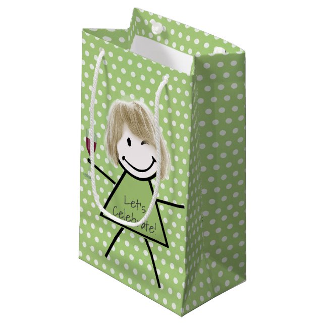 Winking Birthday Strichfigur-Mädchen auf Polka Dot Kleine Geschenktüte (Vorderseite Schrägansicht)