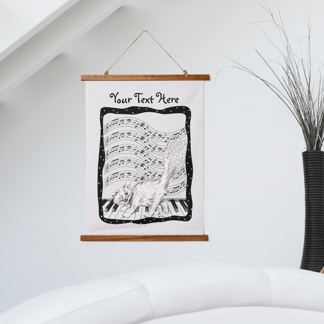 Winking Cat on Piano Keys Bars Musiknoten Rahmen Wandteppich Mit Holzrahmen (Winking white cat on piano keys bars music notes black frame on wall tapestry.)