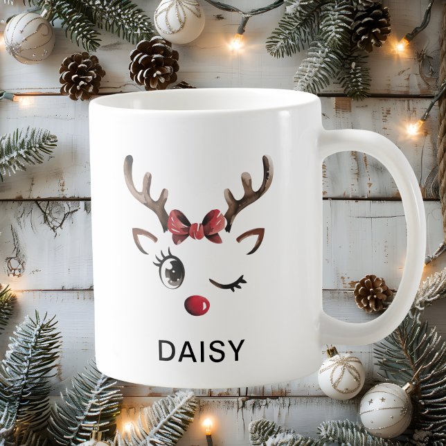 Winking Red Bow Reindeer Christmas Custom Name Kaffeetasse (Winking Red Bow Reindeer Christmas Custom Name Coffee Mug
)