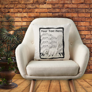 Winking White Cat auf Piano Musiknote Bars Rahmen Kissen