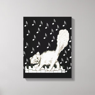 Winking White Cat on Piano Keys Musical Notes Leinwanddruck