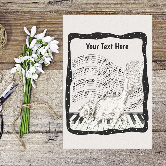Winking White Cat tanzen auf Piano Black Frame Seidenpapier (Smiling white cat on piano keys in black frame bars of music notes on black and white tissue paper.)