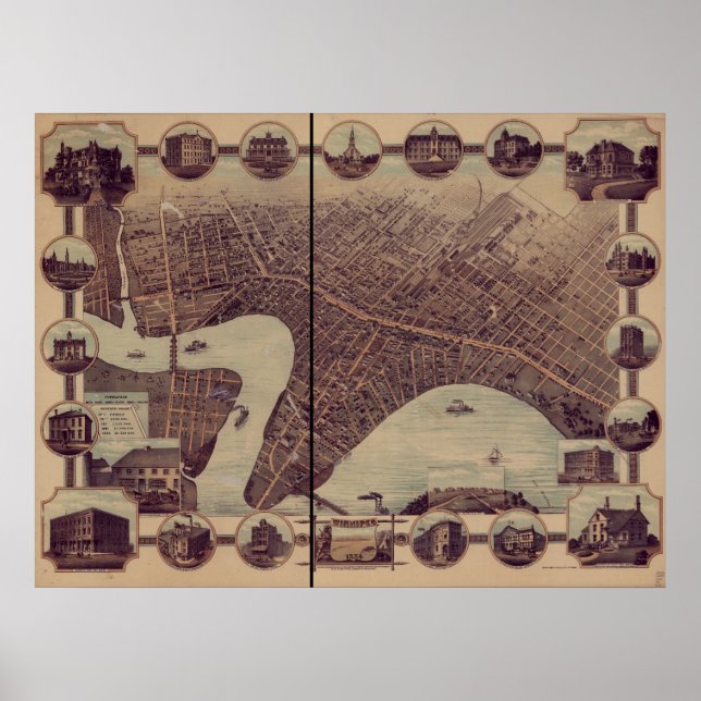 Winnipeg Manitoba 1884 Antique Panoramabalkarte Poster (Vorne)