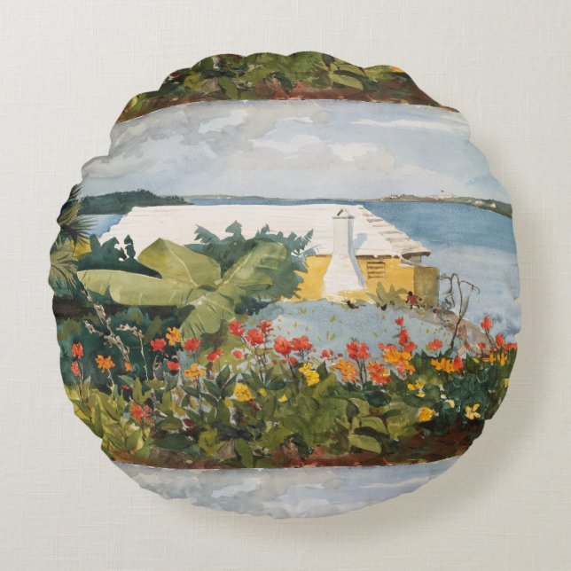Winslow Homer Flower Garden und Bungalow Bermuda Rundes Kissen (Vorderseite)