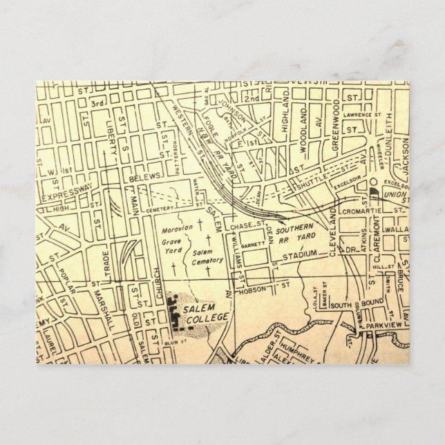 Winston-Salem, NC Vintage Map Postkarte (Vorderseite)