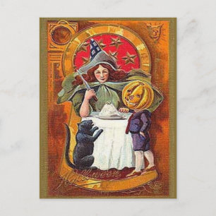 Wintage Halloween Hexe und Pumpkin Head Boy Postkarte