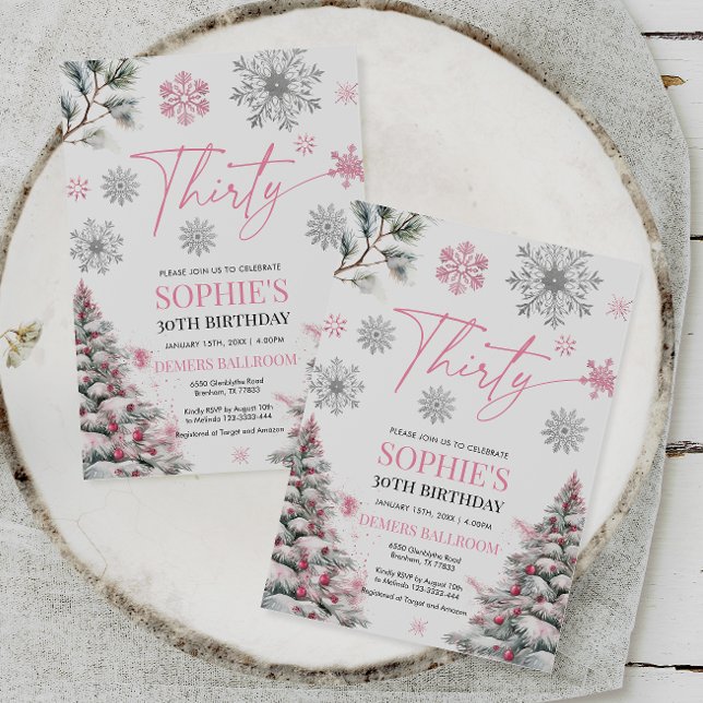 Winter 30 Geburtstag Einladung, Rosa und Silber Einladung (Von Creator hochgeladen)