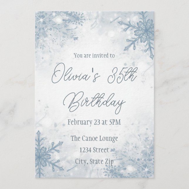 Winter 35th Birthday Invitation – Cool Gray Snow Einladung (Vorderseite)