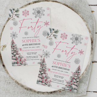 Winter 40 Geburtstag Einladung, Rosa und Silber Einladung