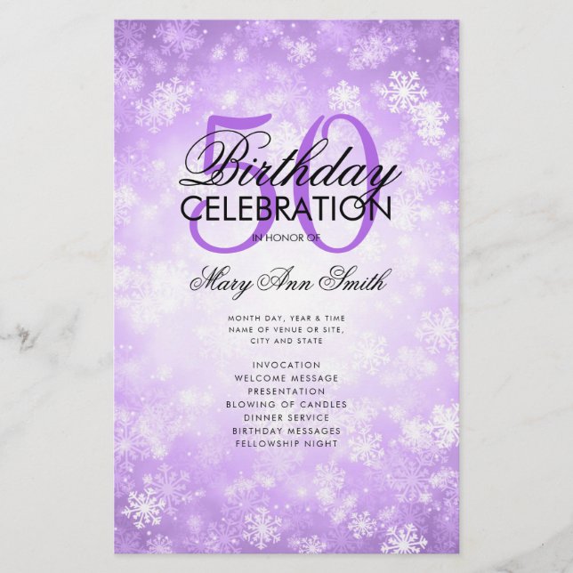 Winter 50 Geburtstag Programm Lila Glam Menü (Vorne)