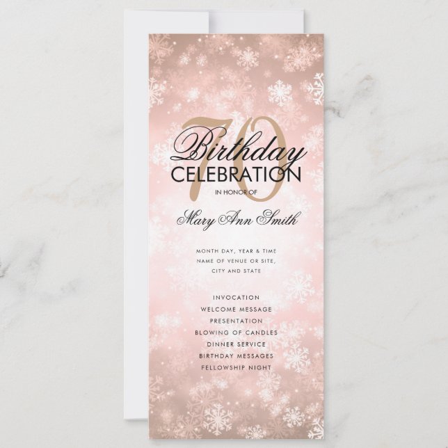 Winter 70. Geburtstag Rose Gold Wonderland Einladung (Vorderseite)
