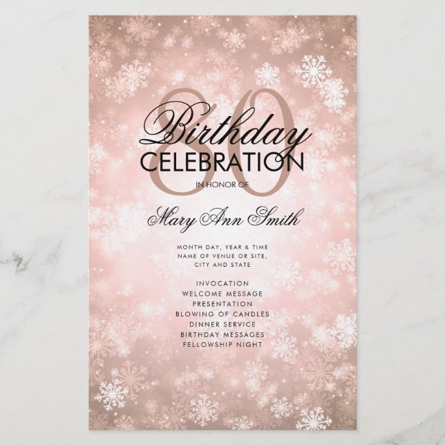 Winter 80 Geburtstag Programm Rose Gold Wunderland Flyer (Vorne)