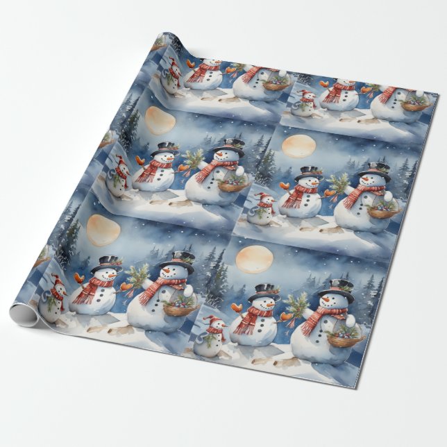 Winter Abend Snowman Familie. Urlaub Snowmen. Geschenkpapier (Ungerollt)