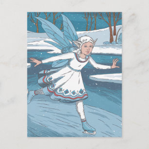 Winter Adorable Ice Skaten Fairy in Holz Postkarte