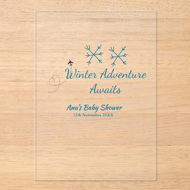 Winter Adventure awaits baby shower blue snowflake Acryleinladungen (Vorderseite)
