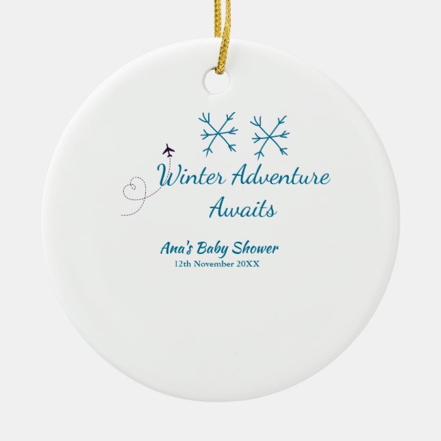 Winter Adventure awaits baby shower blue snowflake Keramik Ornament (Vorne)