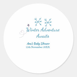 Winter Adventure awaits baby shower blue snowflake Runder Aufkleber