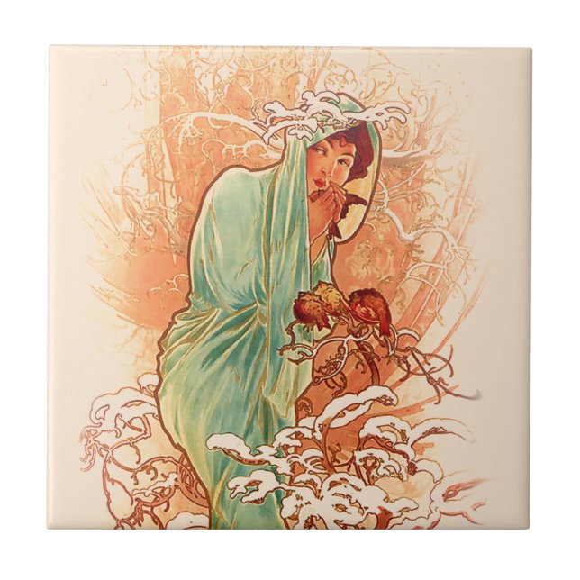 Winter - Alphonse Mucha Art Nouveau Fliese (Vorderseite)