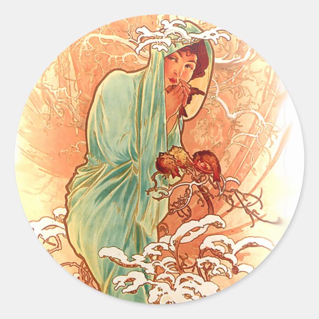 Winter - Alphonse Mucha Art Nouveau Runder Aufkleber (Vorderseite)
