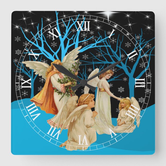 Winter Angels Square Roman Numerals Clock Quadratische Wanduhr (Vorderseite)
