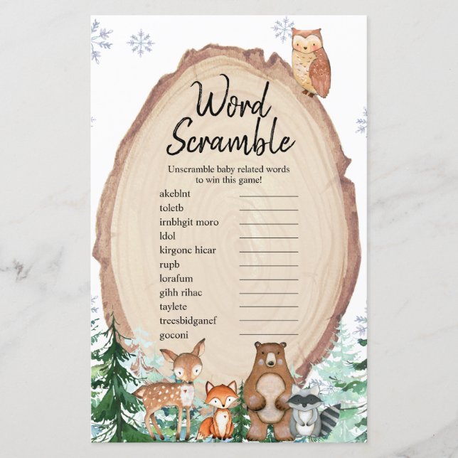 Winter Animal Woodland Forest Word Scramble (Vorderseite)