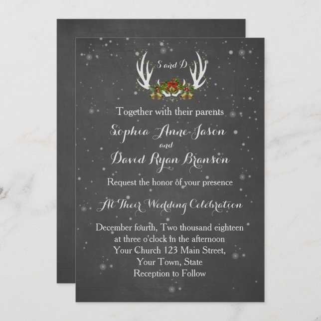 Winter Antlers Chalkboard Hochzeit Einladung (Vorne/Hinten)