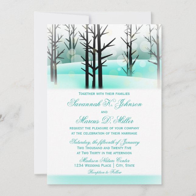 Winter Aqua Woodland Bäume Hochzeiten Einladungen (Vorderseite)