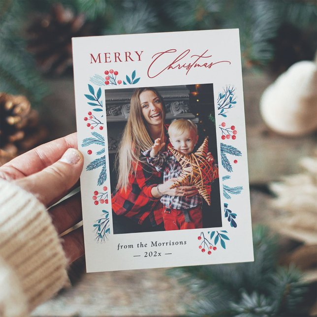 Winter Aquamarine Blätter Blumenberries Weihnachts Feiertagskarte (Von Creator hochgeladen)