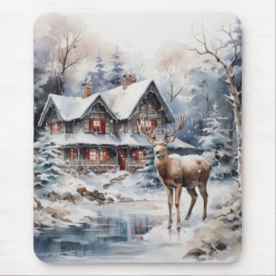 Winter-Aquarelllandschaft - Hirsch und Hütte Mousepad