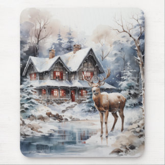 Winter-Aquarelllandschaft - Hirsch und Hütte Mousepad