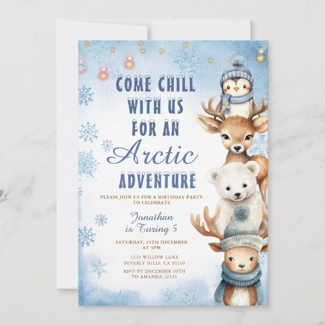 Winter Arctic Adventure 1st Birthday Animals Party Einladung (Vorderseite)