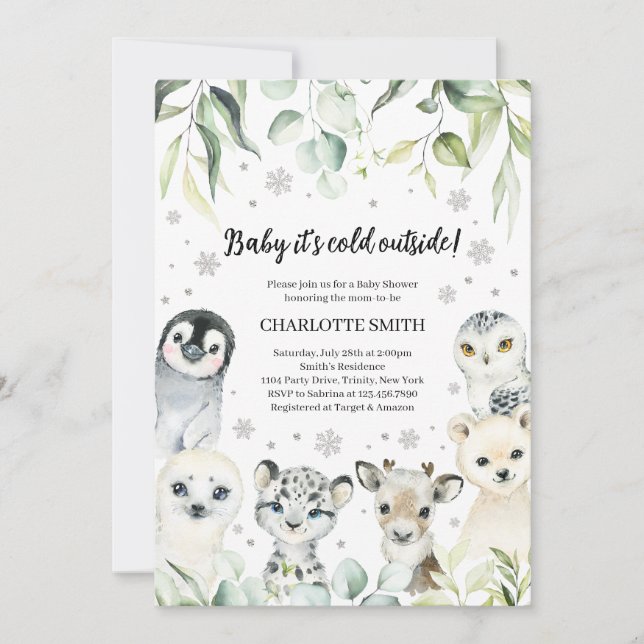 Winter Arctic Animals Baby Dusche Einladung (Vorderseite)