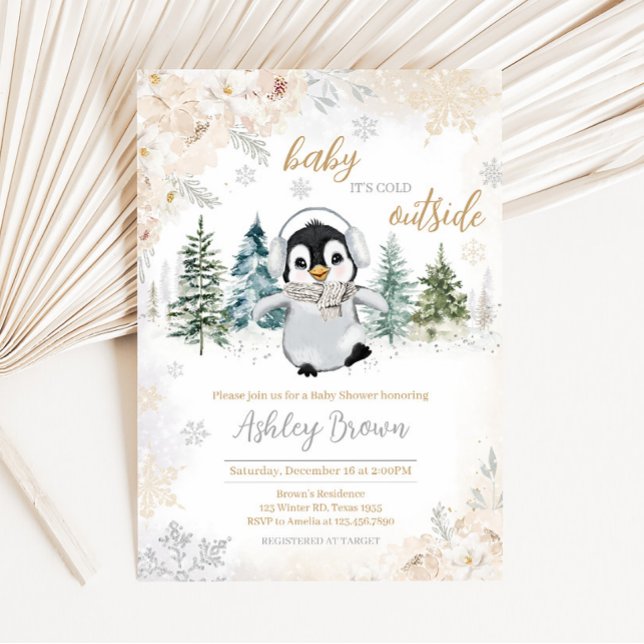 Winter Arctic Penguin Baby Dusche Einladung (Cold Outside Winter Penguin Baby Shower Invitation)