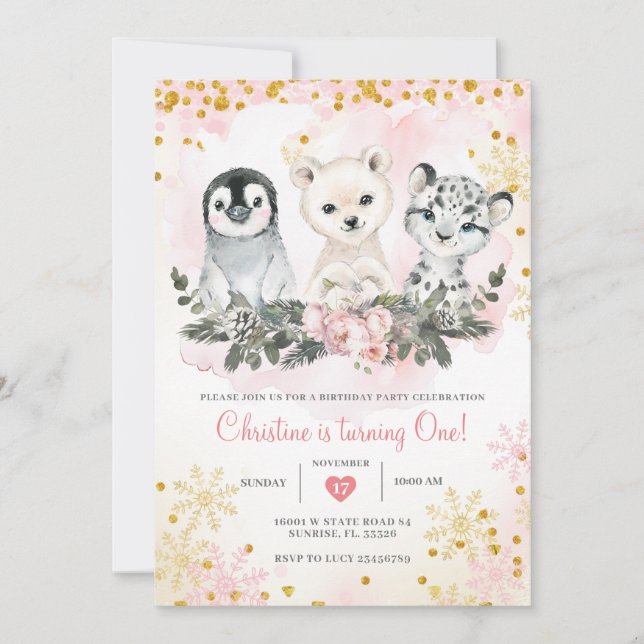 Winter Arktische Tiere Erstes Mädchen Geburtstag Einladung (Vorderseite)