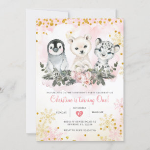 Winter Arktische Tiere Erstes Mädchen Geburtstag Einladung