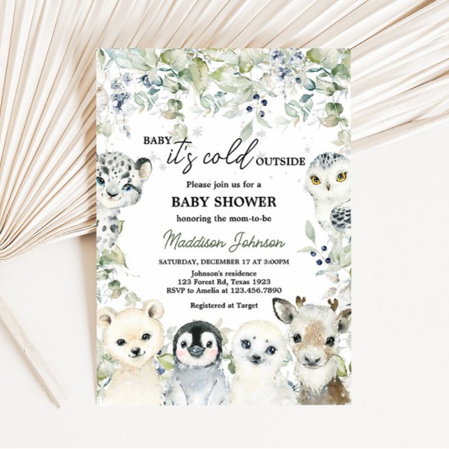 Winter Artic Animals Baby Dusche Einladung (Greenery Artic Animals Baby Shower Invitation)
