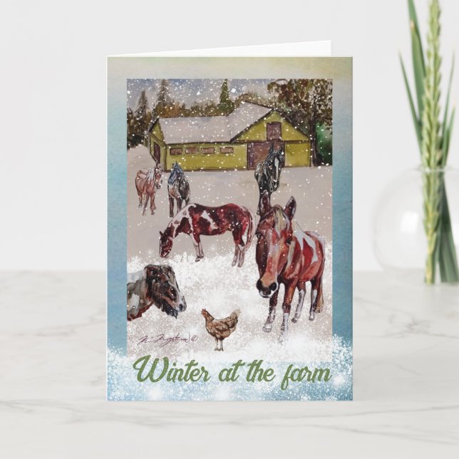 Winter auf dem Bauernhof weich türkis und Pferde Einladung (Vorderseite)