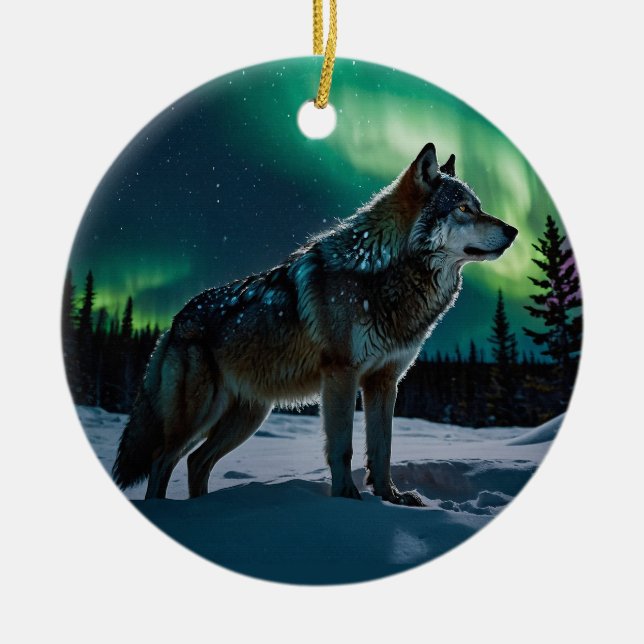 Winter Aurora & Timber Wolf Wildlife Design Keramik Ornament (Vorne)