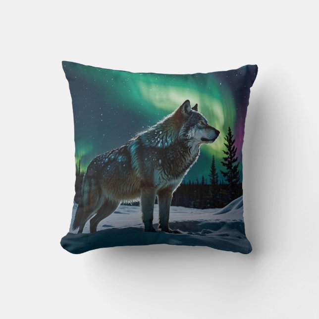 Winter Aurora & Timber Wolf Wildlife Design Kissen (Vorderseite)