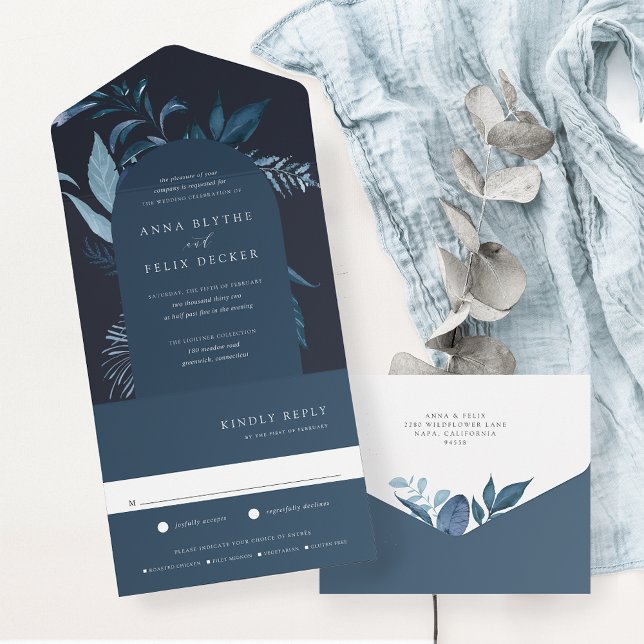 Winter Azure Blue Botanical Arch Wedding All In One Einladung (Von Creator hochgeladen)